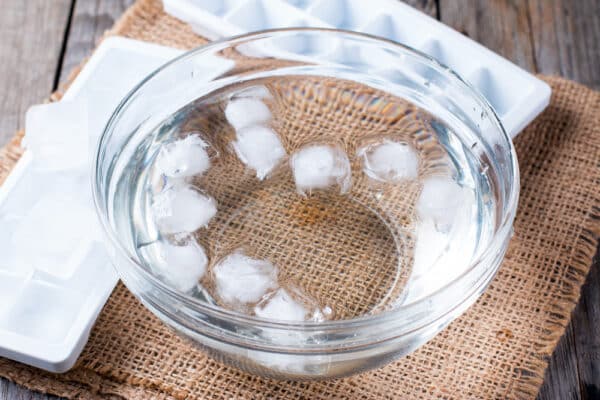 Bowl of water and ice cubes