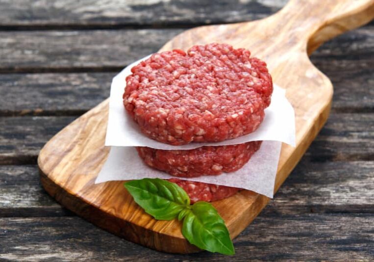 Home,Handmade,Minced,Beef,Burgers,On,Cutting,Board.,Old,Wooden